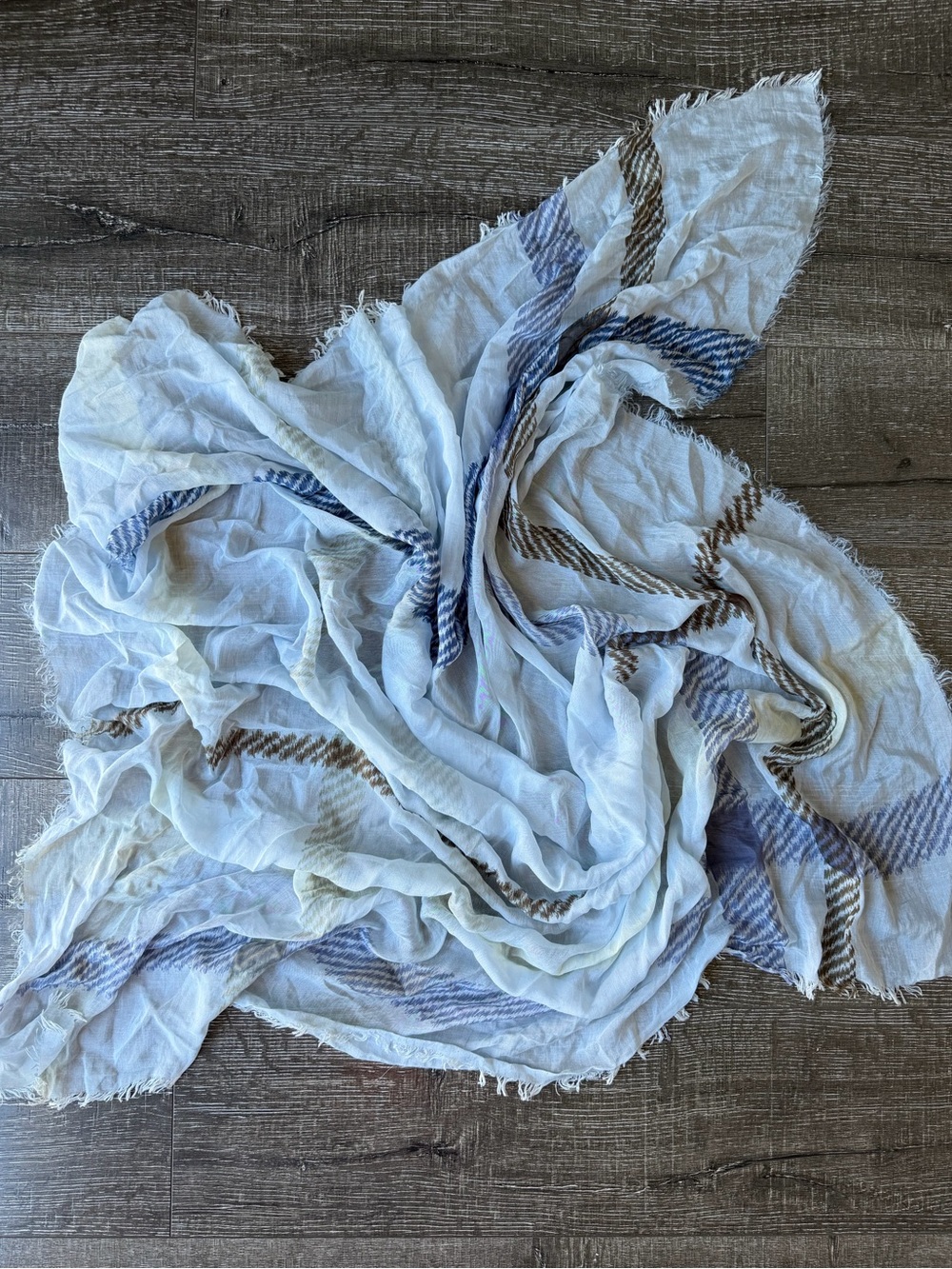 Coach Light Blue Plaid Cotton Silk Blend Fringed Scarf